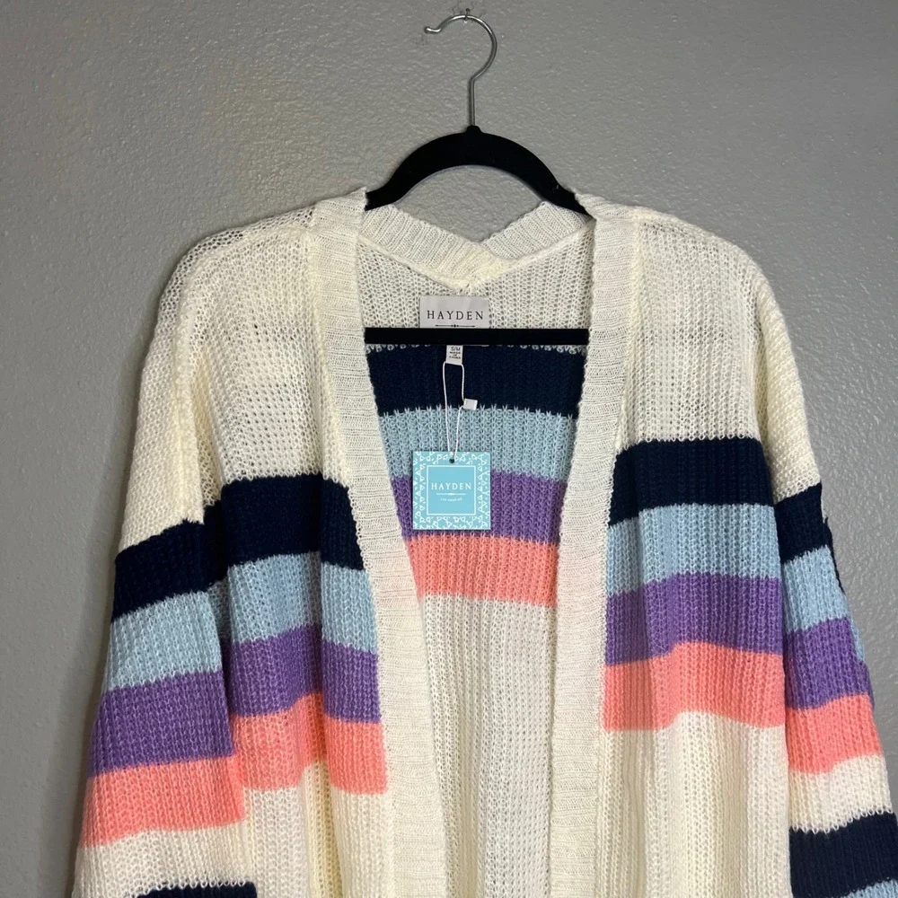 Hayden Cardigan Sz S/M Cream Rainbow Striped Open Front Pocket Long NWT - Picture 2 of 10